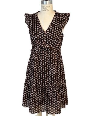 J. Crew Ruffle V-Neck Mini Dress - Black Wildfire Print Floral Women's Size 4
